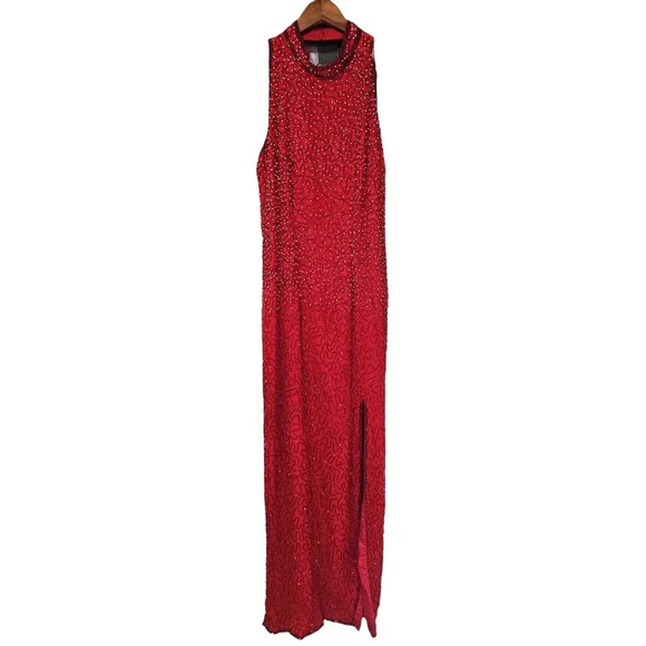 Papell Boutique Beaded Silk Maxi Evening Dress Red Size 14 - Picture 2 of 6